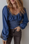 Women’s Dark Blue Denim Blouse with Smocked Ruffles and Puff Sleeves – Stylish V-Neck Top for Casual Chic Looks