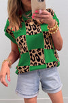 Chic Women's Green Leopard Checkerboard Knit Sweater - Comfy Short Sleeve for Effortless Casual Style