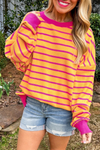 Cozy Women's Orange Stripe Trim Drop Shoulder Sweater - Stylish Loose Fit Knitwear for Casual Chic Looks