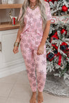 Women's Pink Snowflake & Santa Claus Christmas Lounge Set - V-Neck Tee & Drawstring Pants, Cozy Holiday Outfit