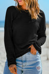 Cozy Women's Black Waffle Knit Long Sleeve Top with Drop Shoulders - Relaxed Casual Essential for Everyday Style