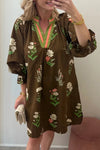 Stylish Women's Brown Floral Striped V-Neck Shift Dress with Flouncy Sleeves - Perfect for Summer Casual Wear