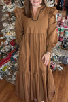 Plus Size Women's Light Beige Maxi Dress with Ruffle Trim, Ricrac Detail, and Long Sleeve V-Neck for Effortless Elegance