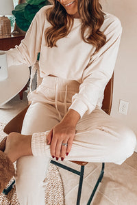 
Beige Women's Cozy Lounge Set: Stylish Pullover & Smocked Waist Joggers for Ultimate Casual Comfort