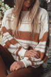 White Oversized Striped Knit Sweater with Puff Sleeves