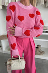 Women's Rose Stripe Heart Pattern Knit Sweater for Valentine's Day - Cozy and Stylish Pullover in Soft Pink