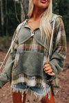 Women's Distressed Green Plaid Hoodie with Kangaroo Pocket & Hi-Low Hem - Casual Comfort & Trendy Style