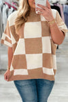 Plus Size Women's Light Beige Short Sleeve Checkered Knit Sweater for Effortless Style and All-Day Comfort