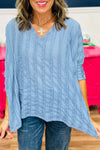 Women's Soft Blue Lacy Striped Dolman Blouse with 3/4 Sleeves – Chic and Comfortable for Effortless Everyday Style