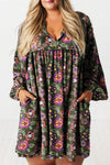 Plus Size Women's Green Floral V-Neck Mini Dress with Shirt Collar, Loose Fit for Effortless Chic Style