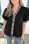 Chic Women's Black V-Neck Button-Down Shirt with Short Puff Sleeves, Contrast Stripes & Leopard Trim for Trendy Style
