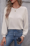 Women's Casual Khaki Stripe Long Sleeve Drop Shoulder Tunic - Effortless Round Neck Top for Everyday Style