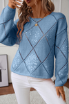 Cozy Dusk Blue Sequin Sweater for Women - Stylish Hollow Rhombus Pattern, Round Neck, Perfect for Fall/Winter Wear