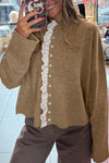 Stylish Taupe Frilled Lace Trim Cardigan Sweater for Women - Loose Fit Layering Essential for Every Occasion