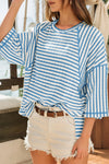 Women's Casual Sky Blue Striped Knit Top with Half Sleeves and Split Hem - Relaxed Fit for Everyday Style