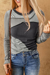 Trendy Women's Gray Color Block Ribbed Knit Top with Exposed Seams for a Comfortable and Chic Everyday Look