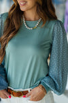 Trendy Women's Haze Blue Polka Dot Chiffon Blouse - Long Sleeve, Round Neck, Stylish Patchwork for Effortless Chic