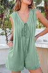 Women's Smoke Green Sleeveless Loose Romper with Tie V-Neck & Pintuck Details - Chic Summer Fashion Essential