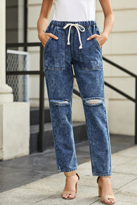High Waist Raw Hem Ripped Skinny Casual Denim Jeans