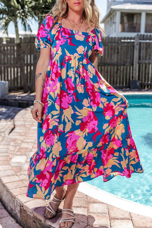 Dark Blue Square Neck Floral Dress with Bubble Sleeves and Ruffled Hem