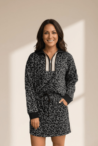 Dark Grey Leopard Print Quarter-Zip Top & Mini Skirt Set