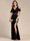 Dazzling Glittery Evening Gown with Cold Shoulder and Puff Sleeves