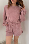Fuchsia Textured Knit Drop Shoulder Pullover and Drawstring Shorts Set for Women - Trendy, Comfortable Summer Ensemble