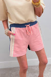 Stylish Women's Pink Color Block Varsity Shorts with Striped Detail and Adjustable Drawstring Waist for a Perfect Fit
