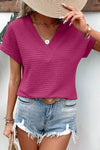 Chic Vibrant Pink Textured V-Neck T-Shirt for Women with Flowy Wide Sleeves – Stylish and Comfortable Casual Wear