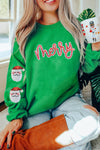 Women's Relaxed Fit Dark Green Sequin Christmas Sweatshirt with Graphic Letters and Patchwork Sleeves for Holiday Cheer
