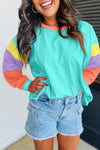 Casual Women's Light Blue Colorblock Long Sleeve Top - Comfortable Loose Fit Patchwork Design for Everyday Style