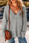 Trendy Light Grey Loose-Fit Eyelet V-Neck Sweater for Women with Drop Shoulder Design for Effortless Chic Style