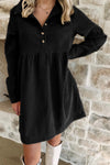 Stylish Women's Black Corduroy Mini Dress with Half Button Collar & Long Sleeves – Versatile for Every Occasion