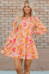 Trendy Women's Orange Abstract Print Ruffle Mini Dress with Smocked Lantern Sleeves for Summer Fashion