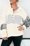 Women's Casual White Waffle Knit Hooded Long Sleeve Top with Drawstring - Stylish Patchwork Design for Everyday Comfort