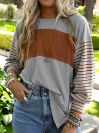 Elegant Grey Striped Bishop Sleeve Top
