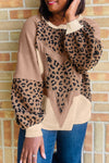 Women's Light Beige Leopard Star Color Block Sweatshirt - Cozy Baggy Fit with Textured Design for Casual Style