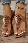 Stylish Women's Chestnut Leather Thong Slippers with Metal Accent - Comfortable Casual Footwear for Summer Outings
