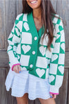 Women's Cozy Sea Green Plaid Heart Knit V-Neck Cardigan Sweater for Stylish Layering and Comfort