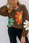 Cozy Women's Coffee Floral V-Neck Sweater - Chic Drop Shoulder Design for Effortless Everyday Style