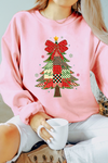 Cozy Pink Checkered Drop Shoulder Sweatshirt for Women - Fun Holiday Style with Multi-Pattern Design