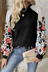 Elegant Women's Black Floral Patchwork Long Sleeve Blouse - Stylish Ribbed Top for Comfortable Everyday Wear