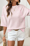 Stylish Women's Pink Striped Knit Top with Split Hem - Casual Half Sleeve Loose Fit for Effortless Chic Looks