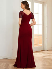 Deep V-Neck Sequin Short Sleeve High Side Front Slit Mother of the Bride Dress