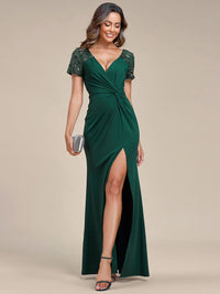 Deep V-Neck Sequin Short Sleeve High Side Front Slit Mother of the Bride Dress