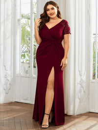 Deep V-Neck Sequin Short Sleeve High Side Front Slit Mother of the Bride Dress