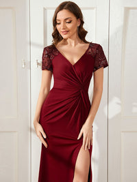 Deep V-Neck Sequin Short Sleeve High Side Front Slit Mother of the Bride Dress
