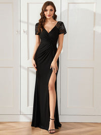 Deep V-Neck Sequin Short Sleeve High Side Front Slit Mother of the Bride Dress