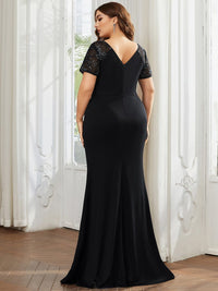 Deep V-Neck Sequin Short Sleeve High Side Front Slit Mother of the Bride Dress