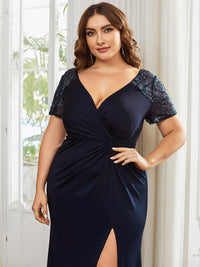Deep V-Neck Sequin Short Sleeve High Side Front Slit Mother of the Bride Dress
